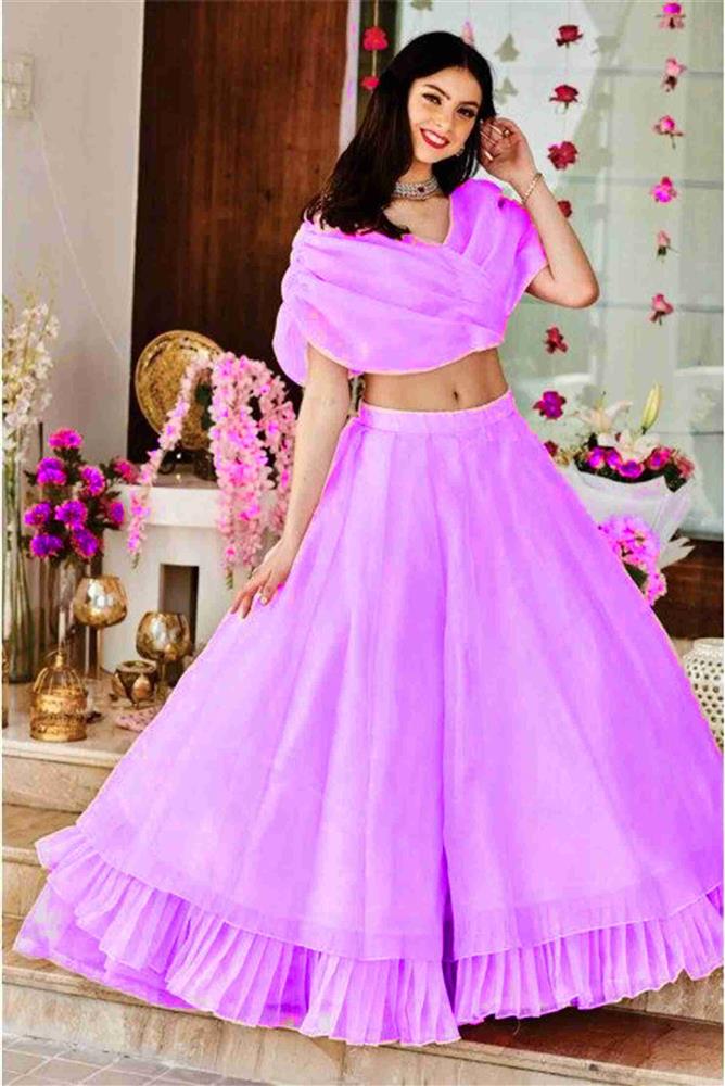 image of lavender lehenga with a Ruffle crop top